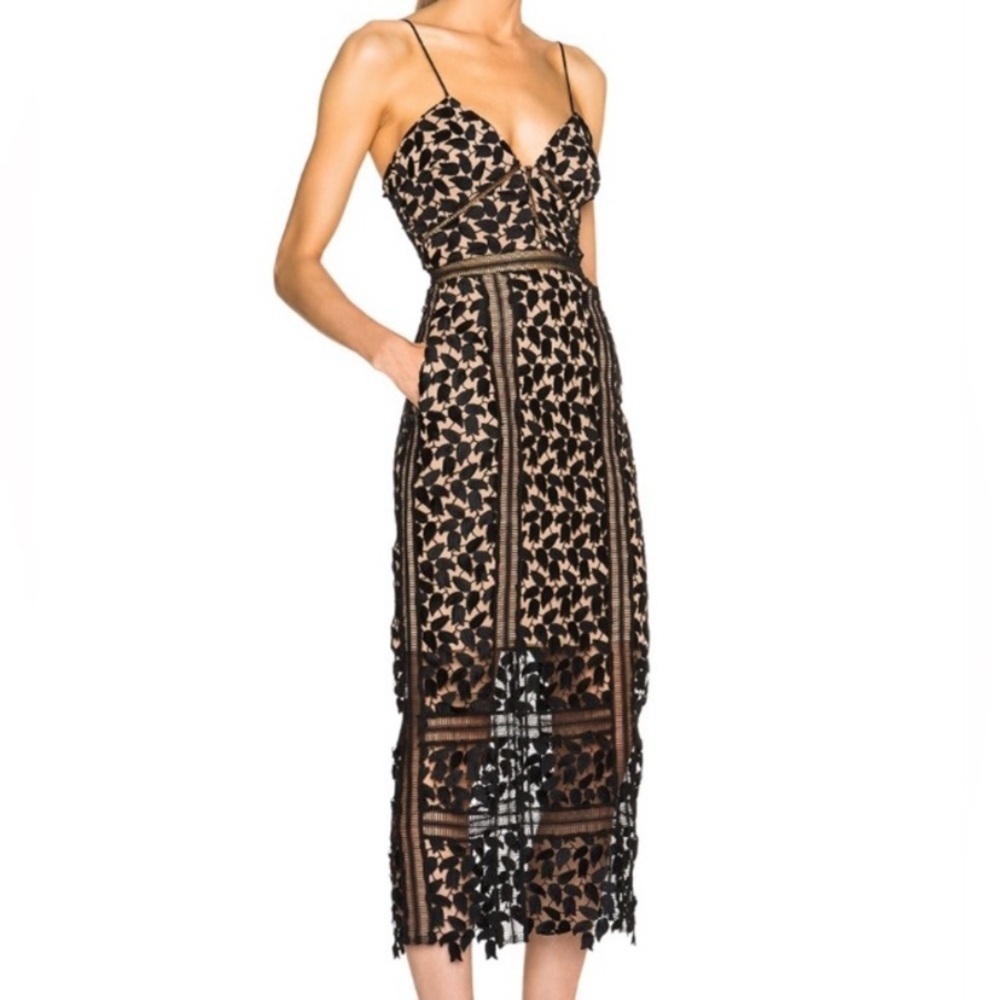 Naughty Joke Black & Tan Lace Midi Dress Size S Formal Wedding Guest Has Pockets